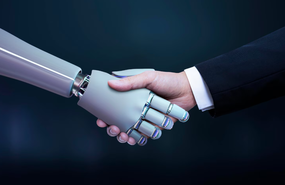 Close-up of a human in a suit shaking hands with a robotic arm, symbolizing AI diplomacy.