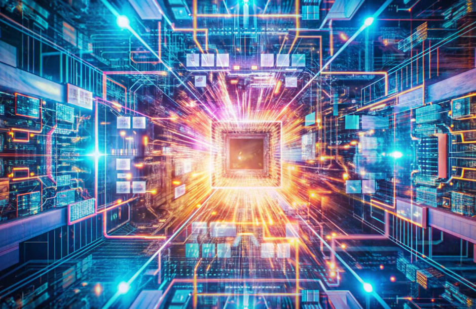 Abstract visualization of a quantum processor at the center of a circuit board, symbolizing powerful next-gen computing tech.