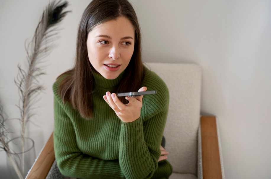 Woman using a smartphone voice feature to translate speech, illustrating use of AI translation tools.